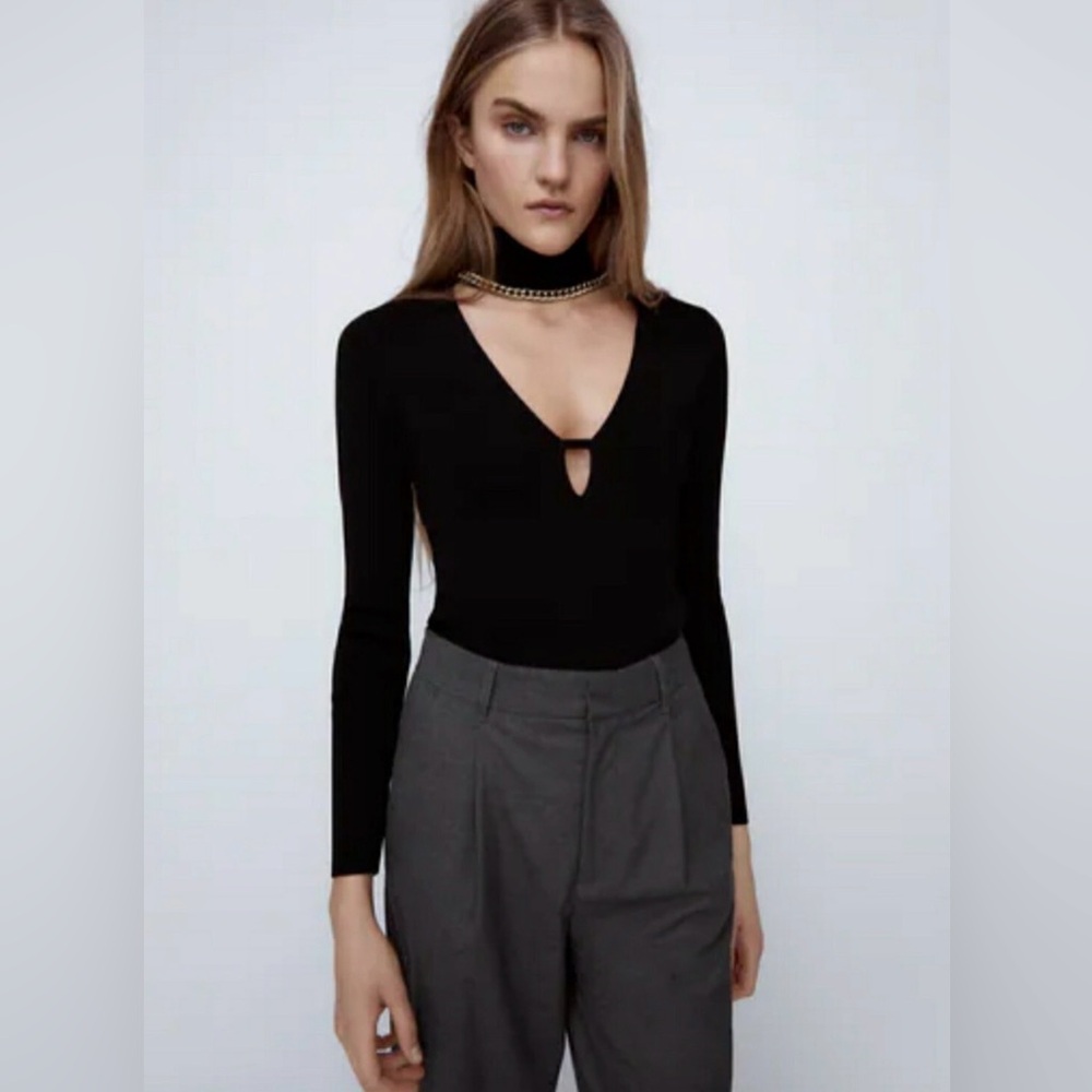 Zara Black V-Neck Top with Gold Chain Accent